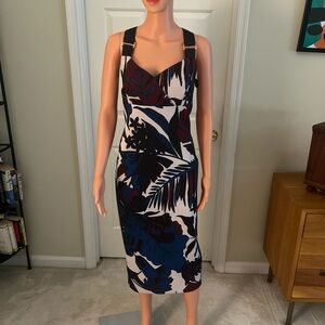 Ted Baker Blue and Black Leaf Print Midi Dress